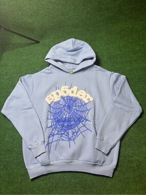Unbranded Light Blue Crewneck Hoodie with Spider Web Graphic